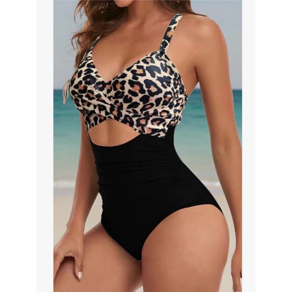 Eomenie One Piece Swimsuit Tummy Control Cutout High Waisted Black Leopard L NWT - Picture 5 of 12